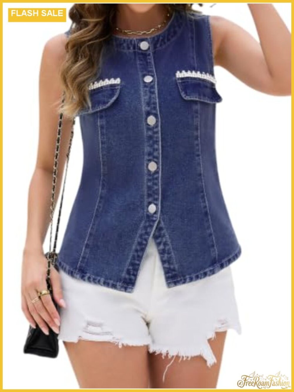 Women's Rhinestone Denim Vest Sleeveless Classic Fit